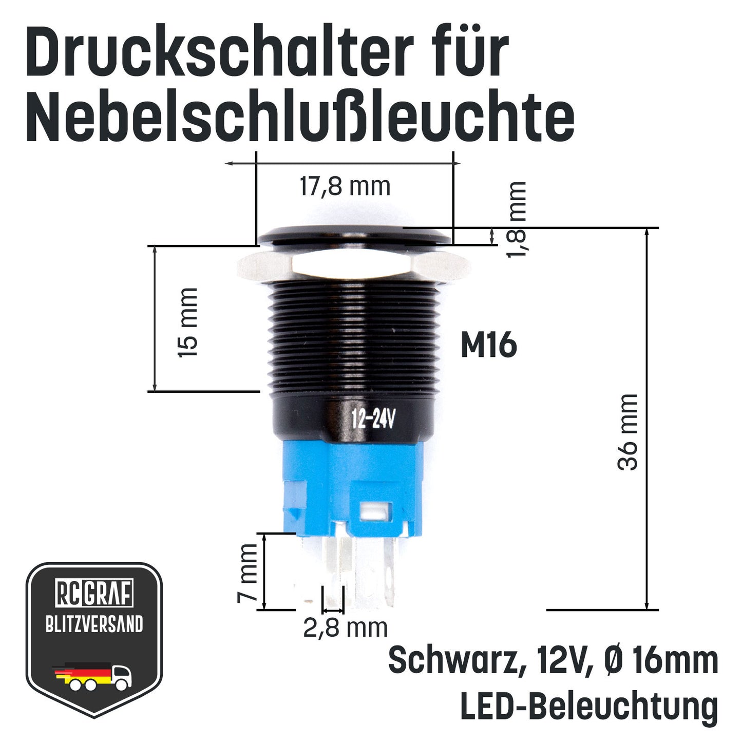 Druckschalter für Nebelschlußleuchte 16mm Schwarz LED 12V IP65 Nebellampe