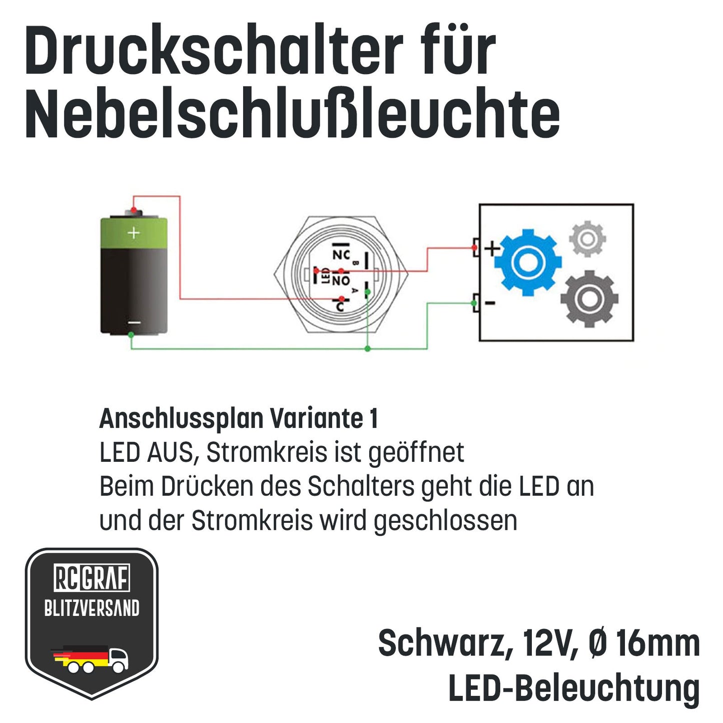 Druckschalter für Nebelschlußleuchte 16mm Schwarz LED 12V IP65 Nebellampe