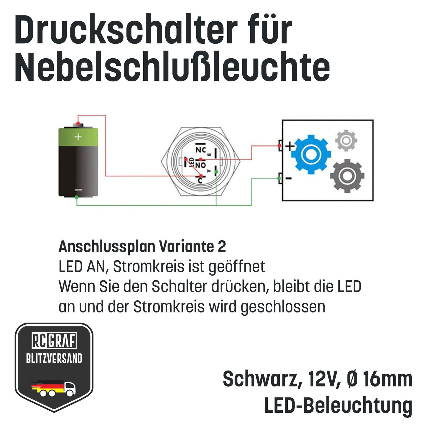 Druckschalter für Nebelschlußleuchte 16mm Schwarz LED 12V IP65 Nebellampe