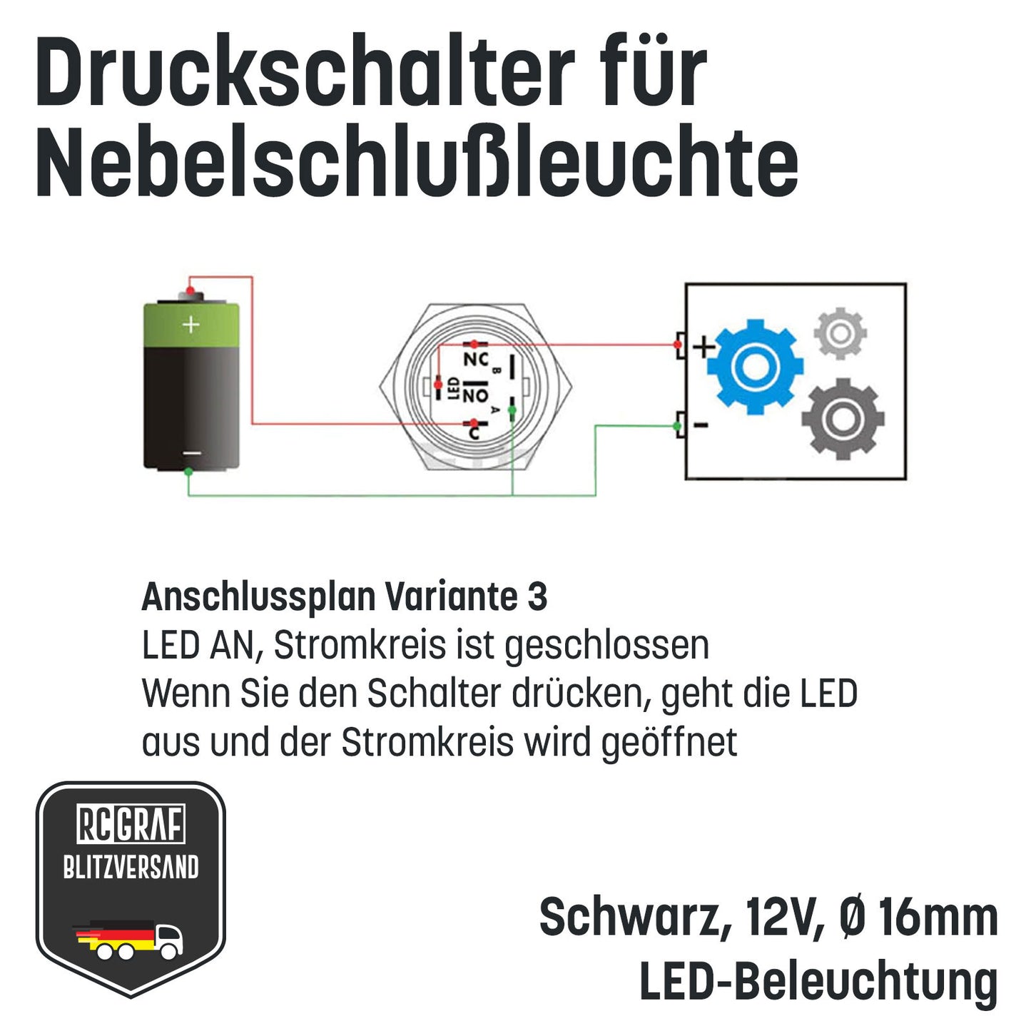 Druckschalter für Nebelschlußleuchte 16mm Schwarz LED 12V IP65 Nebellampe