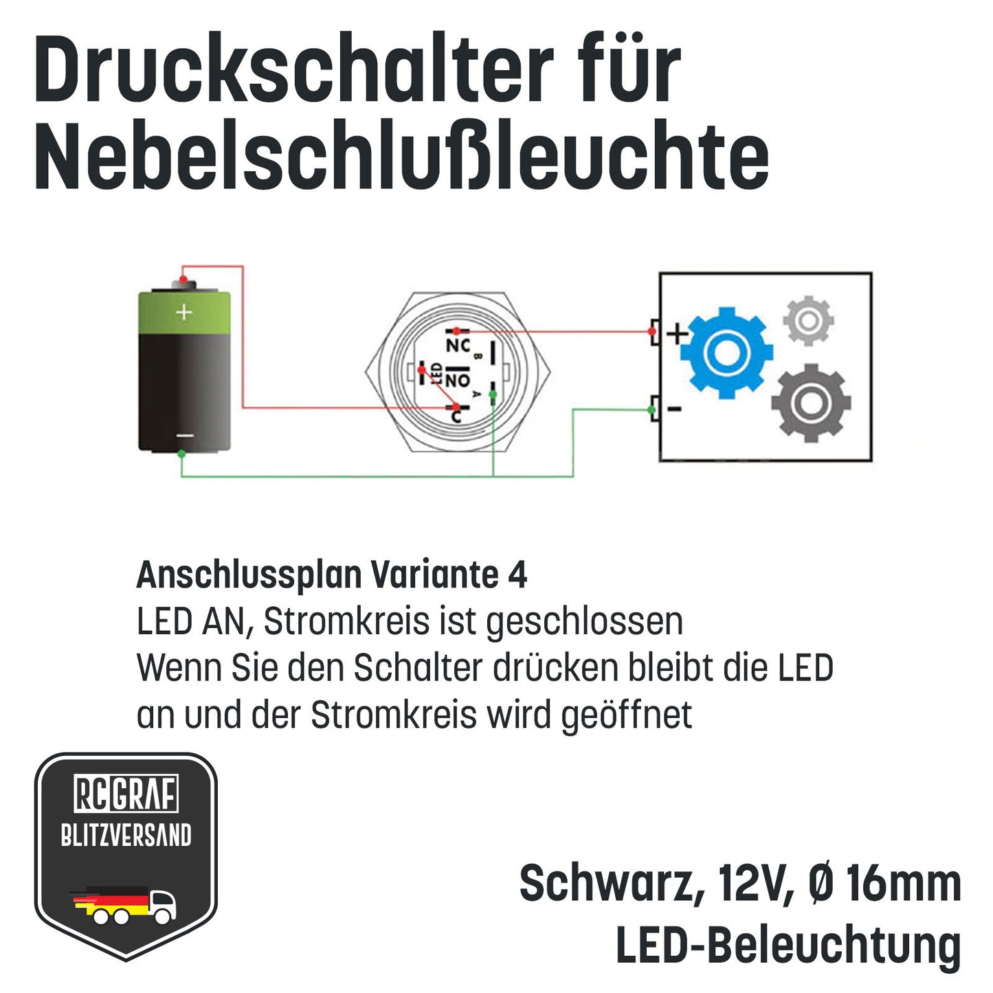 Druckschalter für Nebelschlußleuchte 16mm Schwarz LED 12V IP65 Nebellampe