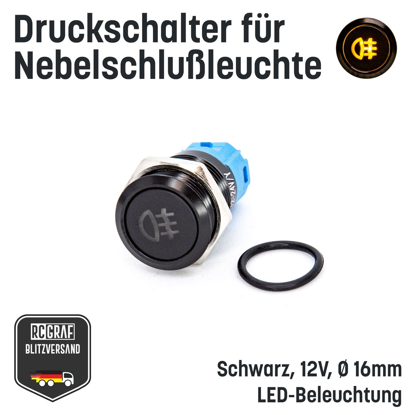 Druckschalter für Nebelschlußleuchte 16mm Schwarz LED 12V IP65 Nebellampe