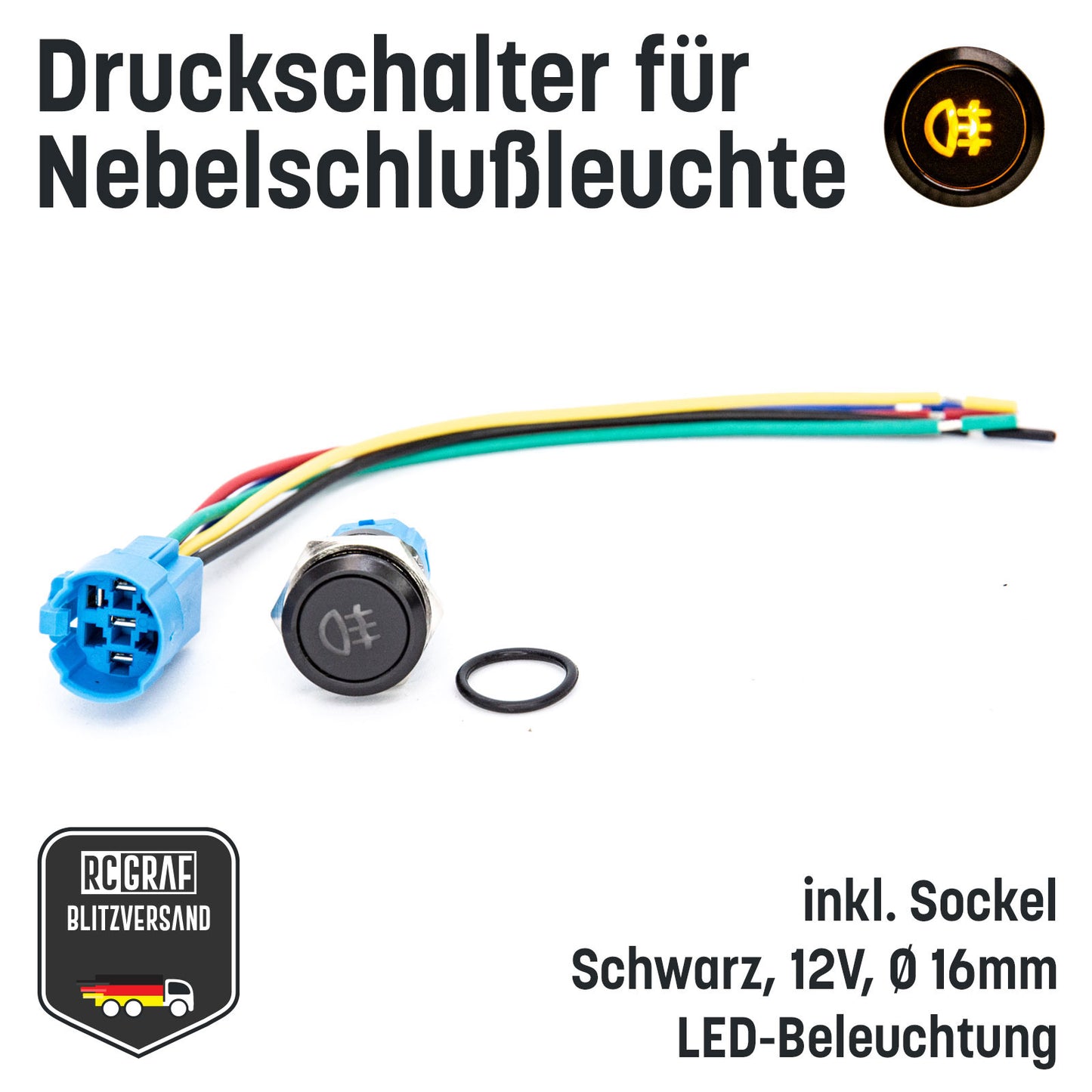 Druckschalter für Nebelschlußleuchte 16mm Schwarz LED 12V IP65 Nebellampe
