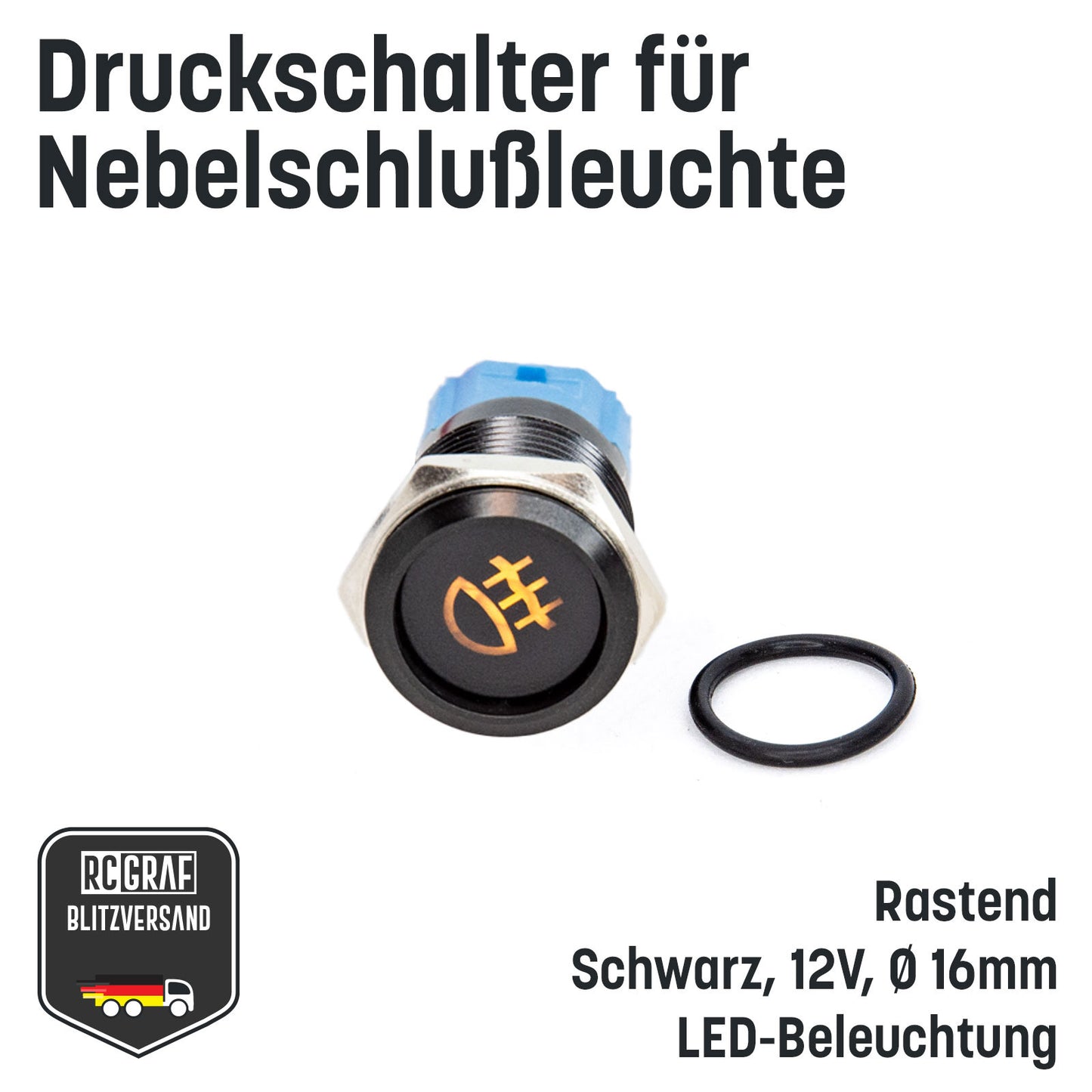 Druckschalter für Nebelschlußleuchte 16mm Schwarz LED 12V IP65 Nebellampe