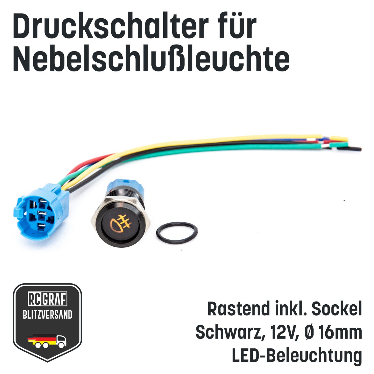 Druckschalter für Nebelschlußleuchte 16mm Schwarz LED 12V IP65 Nebellampe