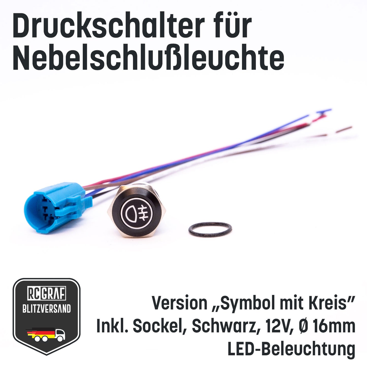 Druckschalter für Nebelschlußleuchte 16mm Schwarz LED 12V IP65 Nebellampe