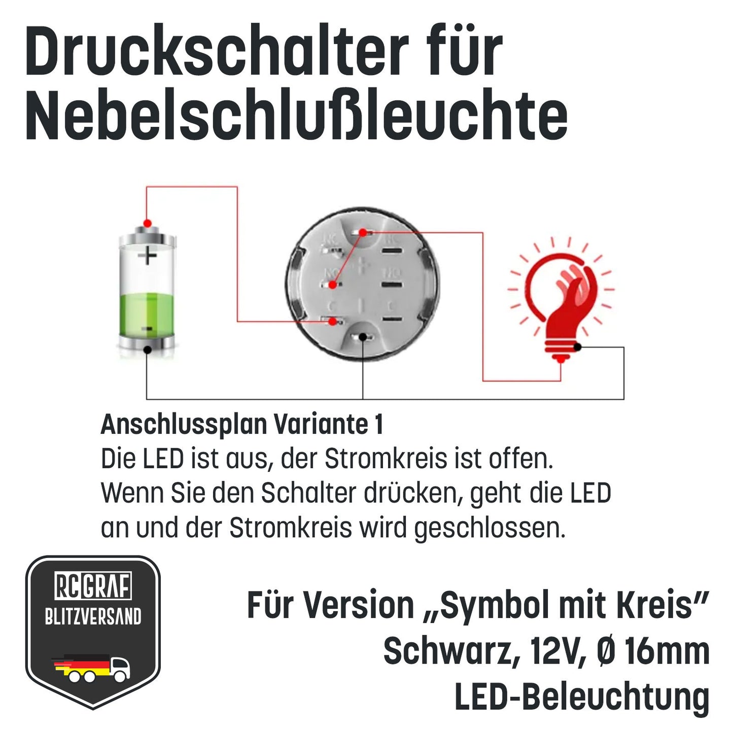Druckschalter für Nebelschlußleuchte 16mm Schwarz LED 12V IP65 Nebellampe