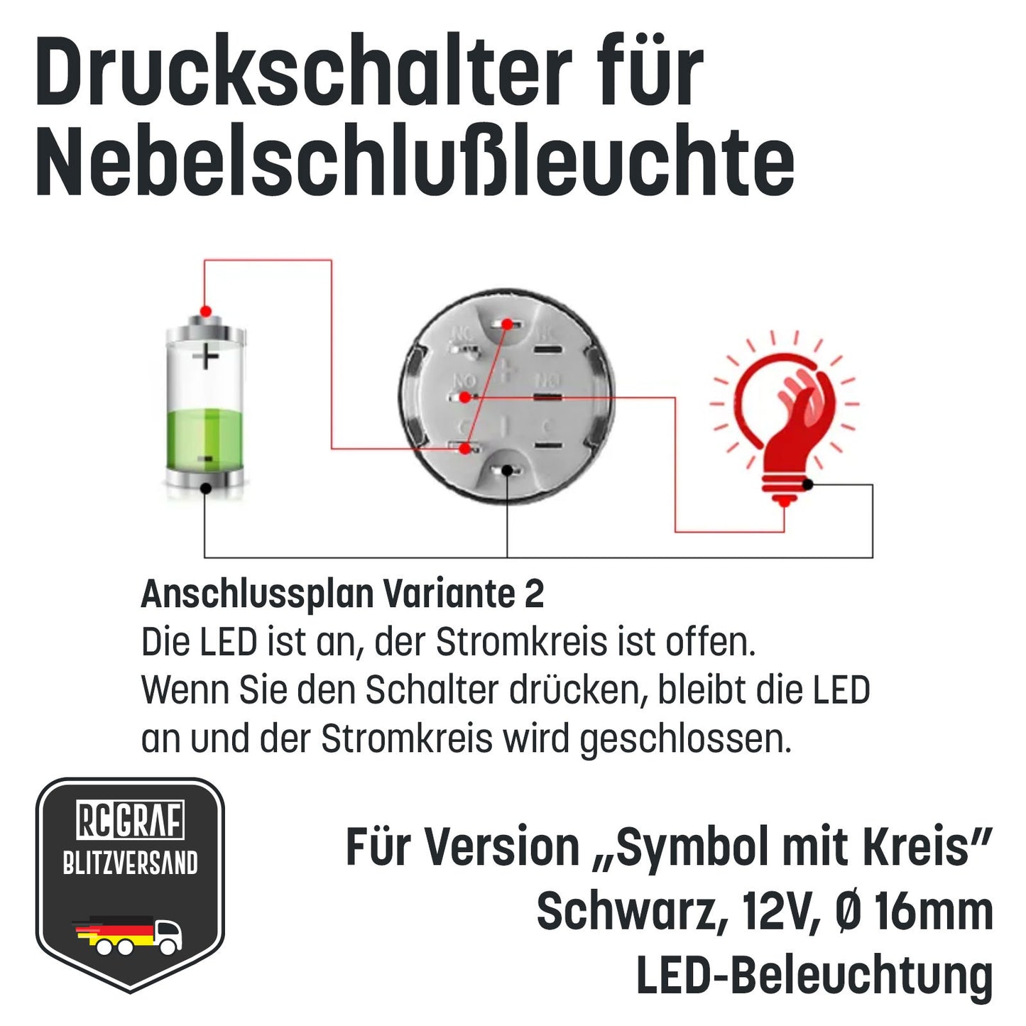 Druckschalter für Nebelschlußleuchte 16mm Schwarz LED 12V IP65 Nebellampe