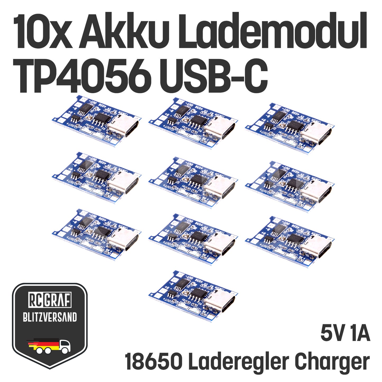 1-40x Akku Lademodul 5V 1A TP4056 USB C 18650 mit Schutzschaltung