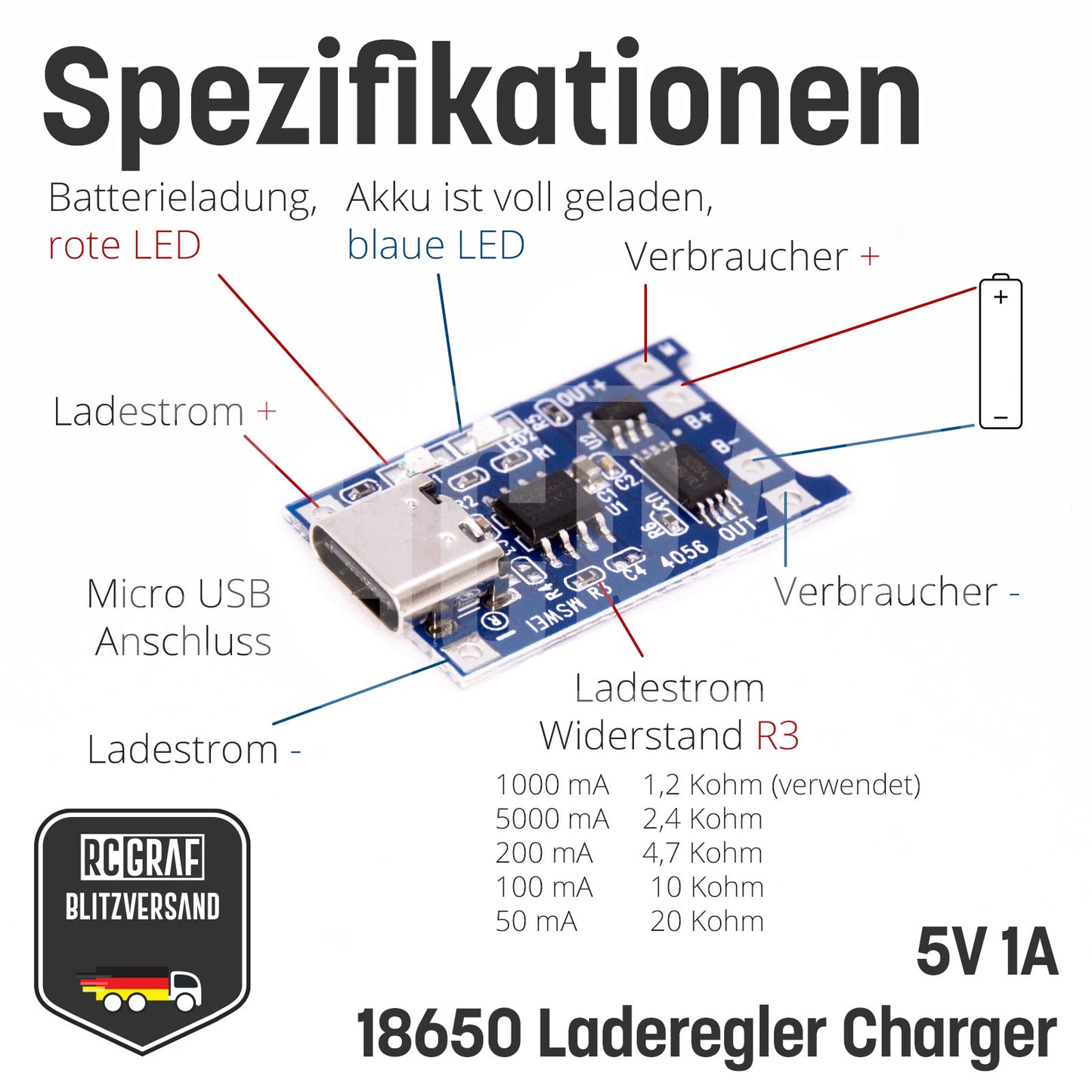 1-40x Akku Lademodul 5V 1A TP4056 USB C 18650 mit Schutzschaltung