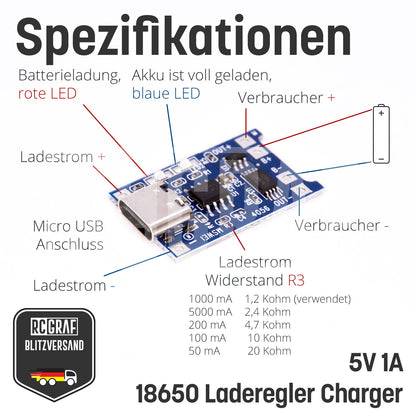 1-40x Akku Lademodul 5V 1A TP4056 USB C 18650 mit Schutzschaltung