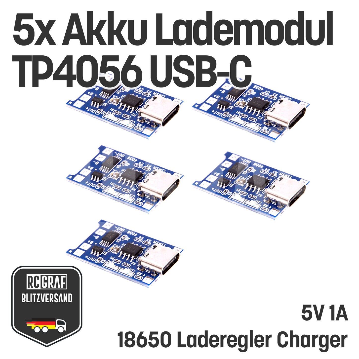 1-40x Akku Lademodul 5V 1A TP4056 USB C 18650 mit Schutzschaltung