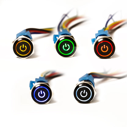 Schwarzer Metall Druckschalter inkl. Sockel, Power Symbol für KFZ mit LED 16mm 19mm 22mm IP65