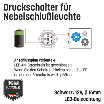 Druckschalter für Nebelschlußleuchte 16mm Schwarz LED 12V IP65 Nebellampe