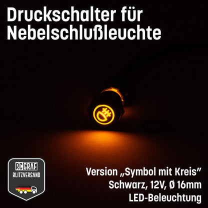 Druckschalter für Nebelschlußleuchte 16mm Schwarz LED 12V IP65 Nebellampe