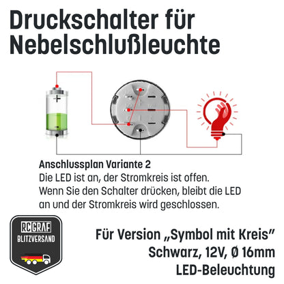 Druckschalter für Nebelschlußleuchte 16mm Schwarz LED 12V IP65 Nebellampe