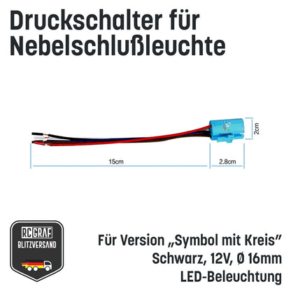 Druckschalter für Nebelschlußleuchte 16mm Schwarz LED 12V IP65 Nebellampe