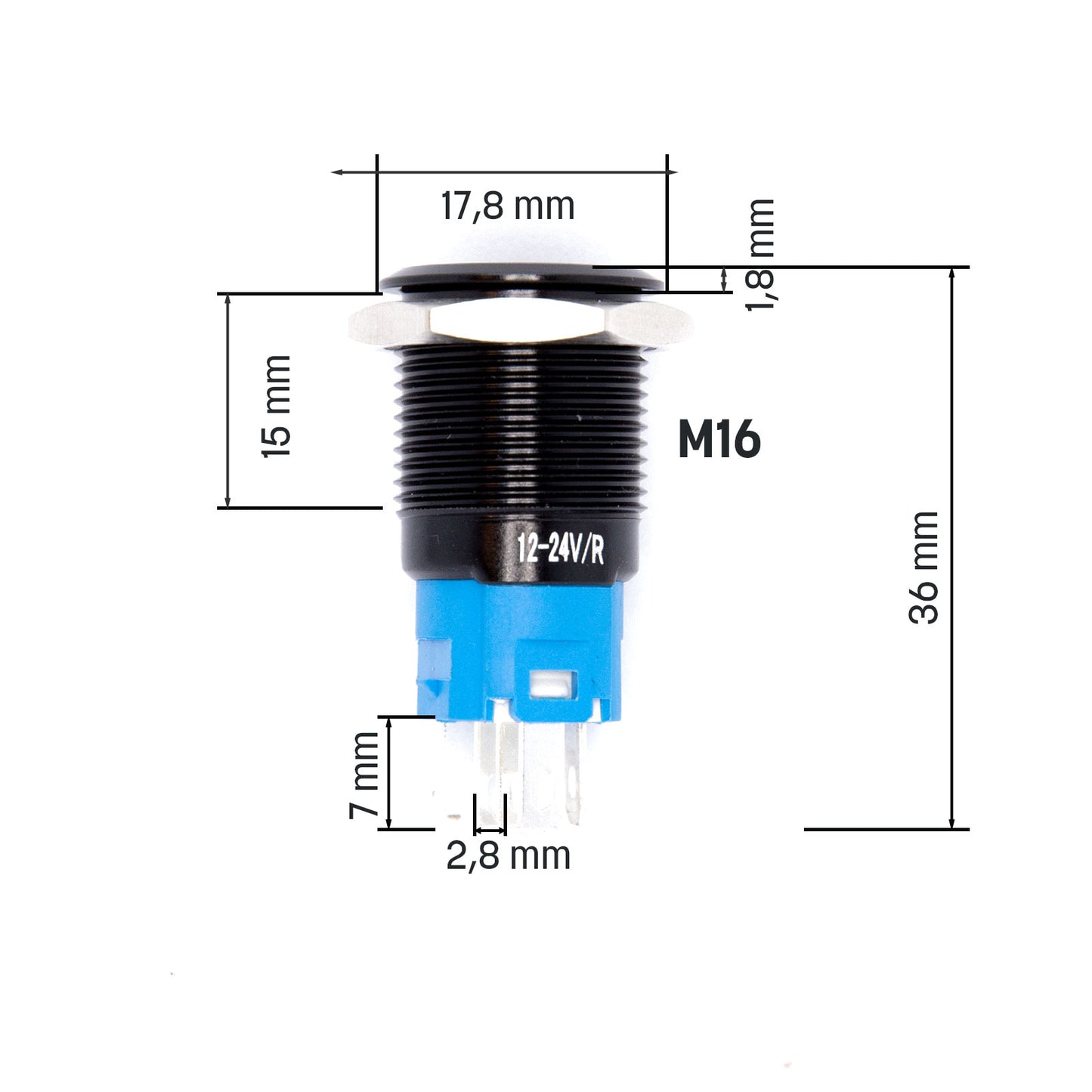 Schwarzer Metall Druckschalter mit Power Symbol für KFZ mit LED 12mm 16mm 19mm 22mm IP65