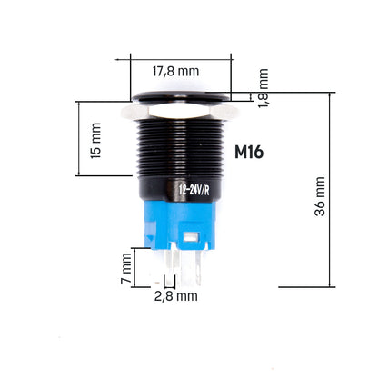 Schwarzer Metall Druckschalter mit Power Symbol für KFZ mit LED 12mm 16mm 19mm 22mm IP65