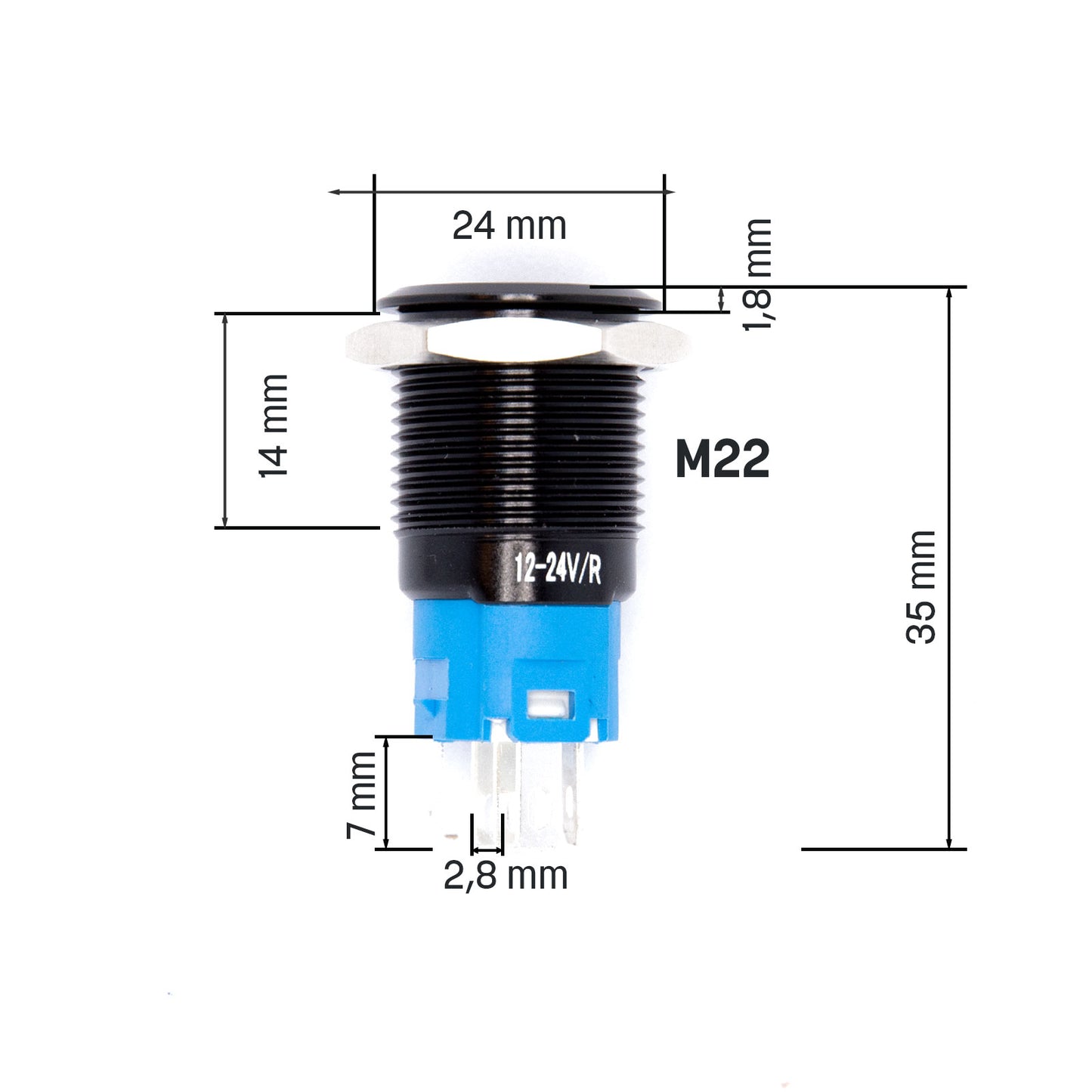 Schwarzer Metall Druckschalter mit Power Symbol für KFZ mit LED 12mm 16mm 19mm 22mm IP65