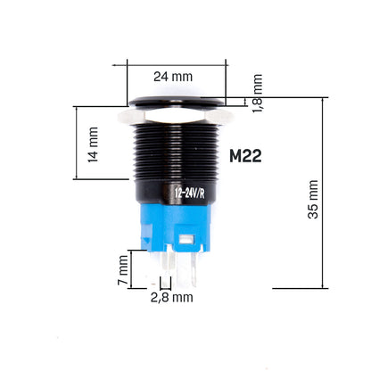 Schwarzer Metall Drucktaster inkl. Sockel für KFZ mit LED 16mm 19mm 22mm IP65
