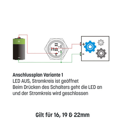 Schwarzer Metall Druckschalter mit Power Symbol für KFZ mit LED 12mm 16mm 19mm 22mm IP65