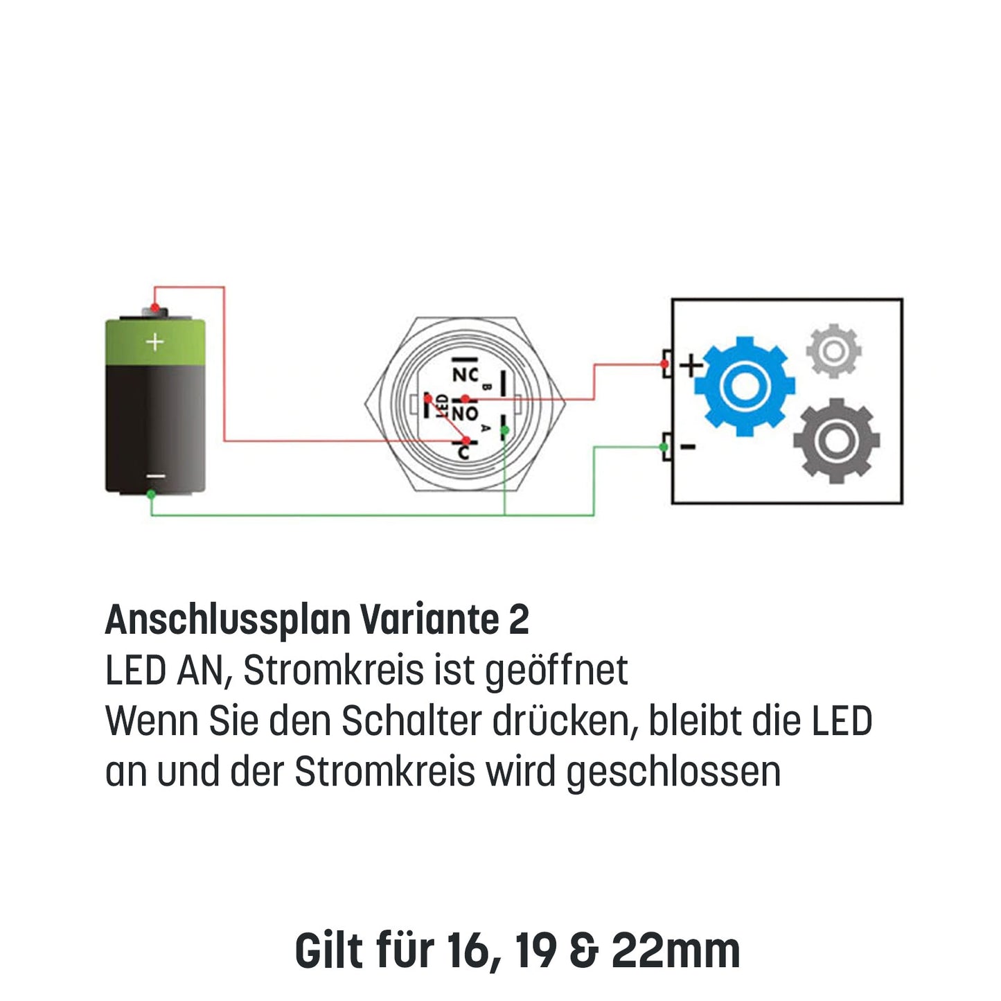 Schwarzer Metall Drucktaster inkl. Sockel für KFZ mit LED 16mm 19mm 22mm IP65