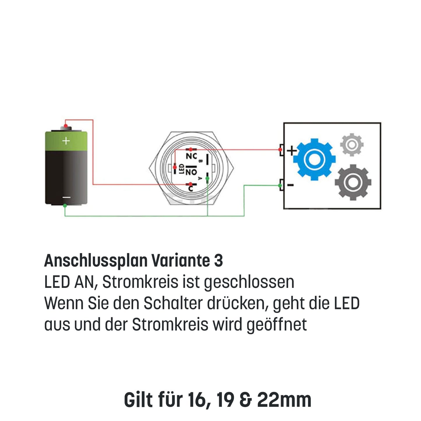 Schwarzer Metall Drucktaster inkl. Sockel für KFZ mit LED 16mm 19mm 22mm IP65