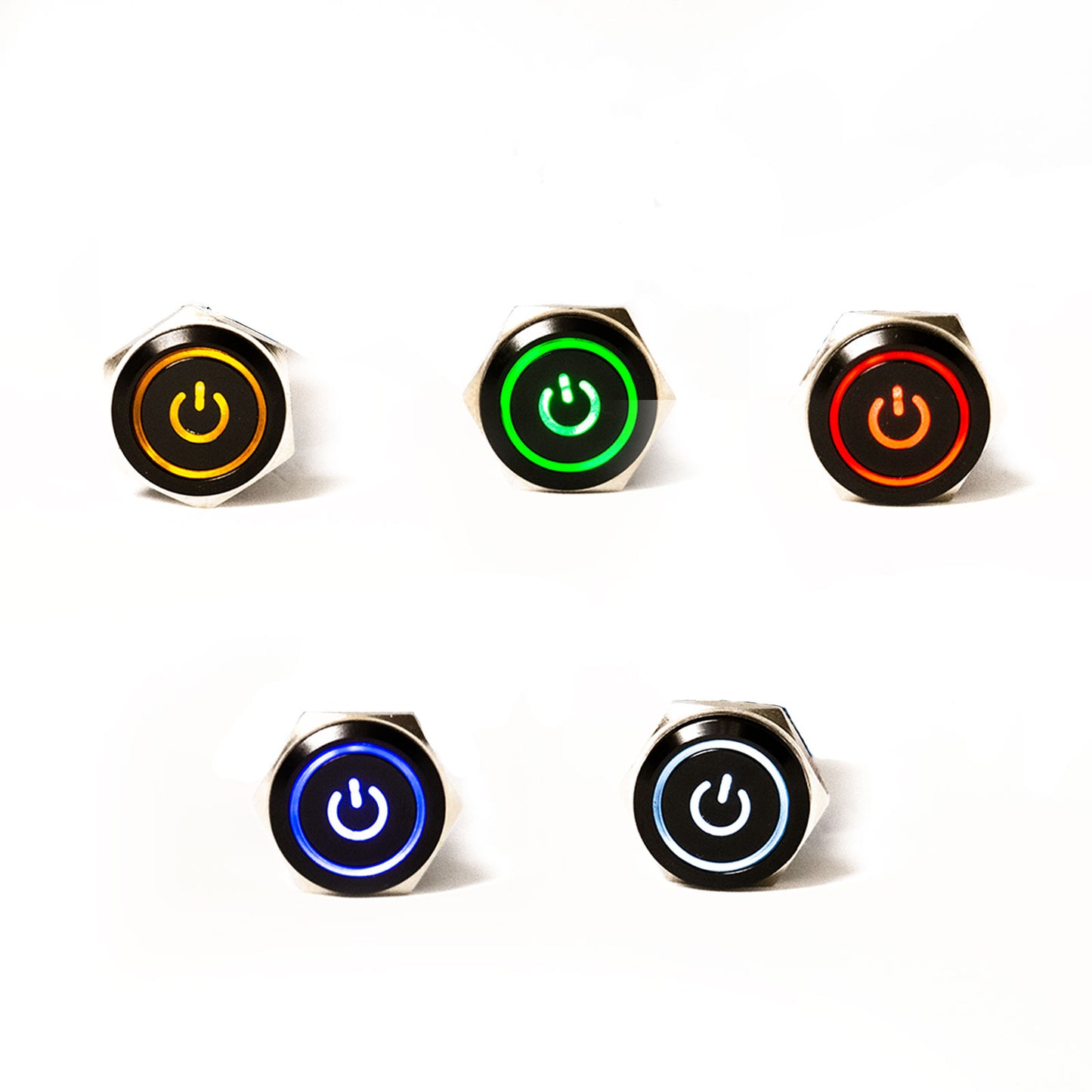 Schwarzer Metall Druckschalter mit Power Symbol für KFZ mit LED 12mm 16mm 19mm 22mm IP65