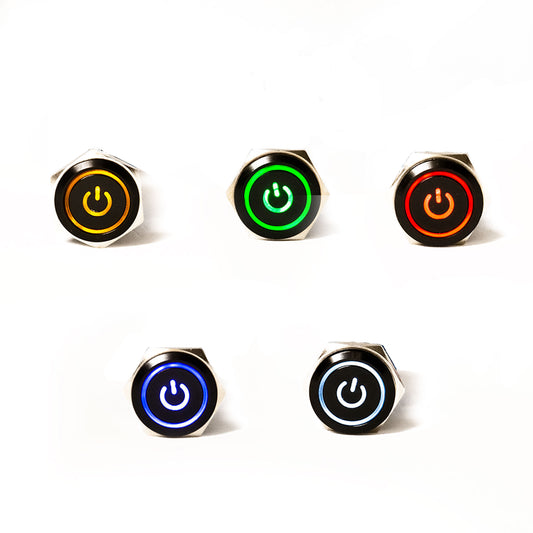 Schwarzer Metall Druckschalter mit Power Symbol für KFZ mit LED 12mm 16mm 19mm 22mm IP65