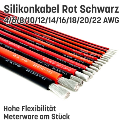 Silikonkabel hoch flexibel in AWG 4 6 8 10 12 14 16 18 20 22 Rot Schwarz Kupfer RC